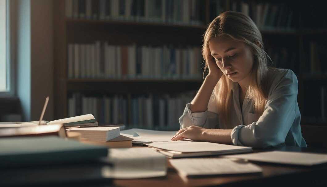 Frustrovaná studentka sedící u stolu ve knihovně, kde se učí na důležitou zkoušku